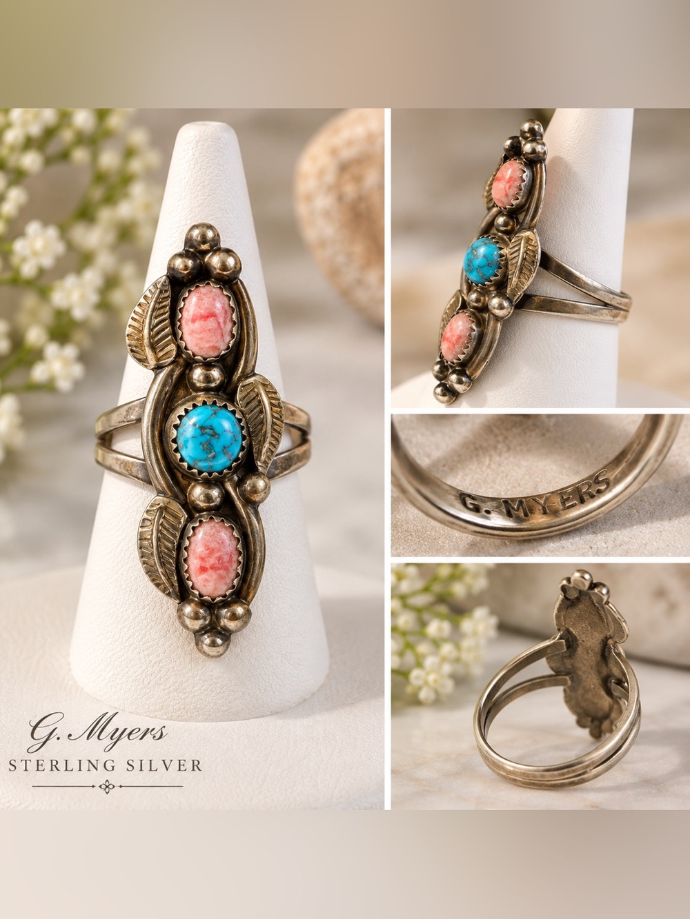 Vintage G. Myers Sterling Silver Turquoise & Coral Statement Ring